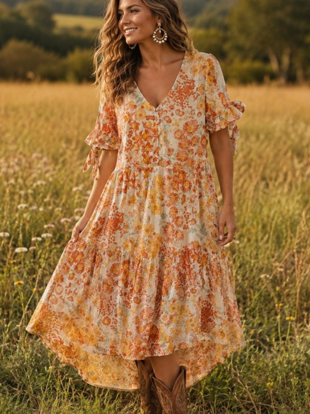 True Craft Boho Cottagecore Cream Midi Dress Orange Oversize Yellow Floral Print